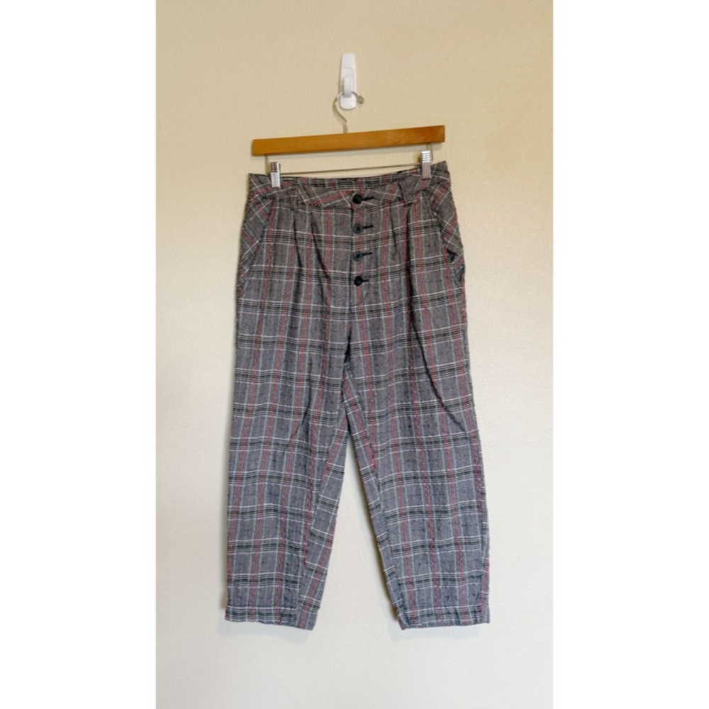 Free People Gray Button Front Plaid Straight Leg Ankle Trouser 4